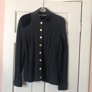 Charcoal grey cardigan sweater with brass buttons